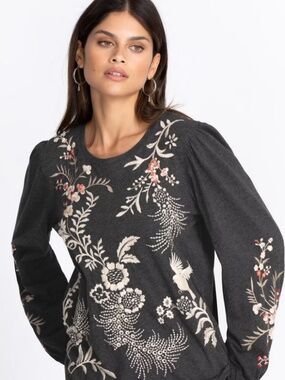 Johnny Was - Embroidered Floral Long-Sleeve Top - Dark Gray with Pink Accents